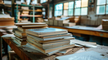 A stack of books on a wooden bookcase shelf
