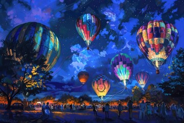 Obraz na płótnie Canvas colorful painting of many hot air balloons at night.