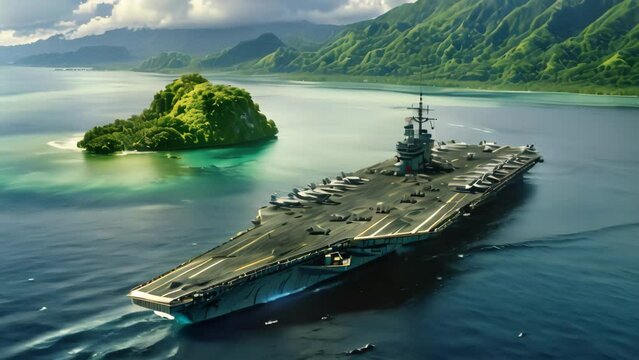 Massive Aircraft Carrier Sailing in the Open Ocean, An iconic World War II aircraft carrier, with planes lined up on deck, anchored offshore of a tropical island, AI Generated