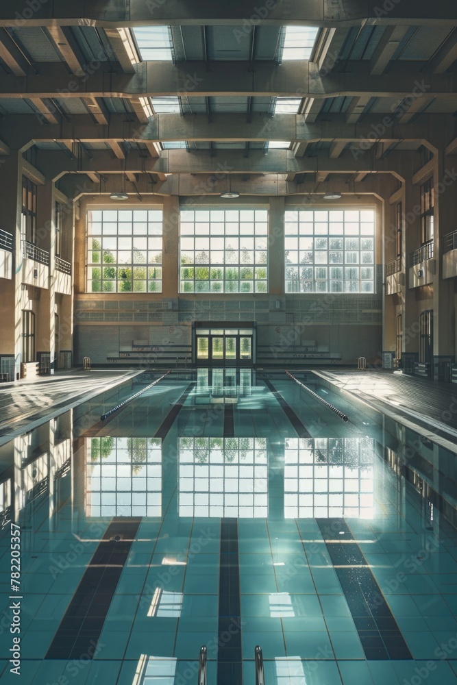 Poster a large indoor swimming pool inside a building. perfect for architectural and interior design projec