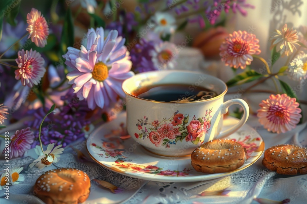 Aufkleber a cup of coffee and some cookies on a table. ideal for food and beverage concepts