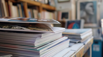 A stack of magazines on a wooden bookcase shelf
