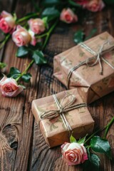 Two gifts on a rustic table, perfect for holiday themes