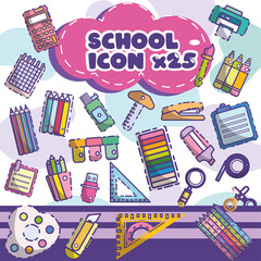 SET 25 ICONS BACK TO SCHOOL.Set of bright colorful backgrounds, Backpack, books, globe, pencil box, paints, ruler, pen, pen, pencil. Suitable for prints, cards, paper crafts, scrapbooking.