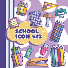 SET 12 ICONS BACK TO SCHOOL.Set of bright colorful backgrounds, Set of bright colorful backgrounds with modern minimalist labels. Backpack and school supplies with beautiful colors.