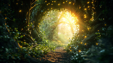 Magical Forest Trail Illuminated by Fairy Lights, Fantasy Portal.