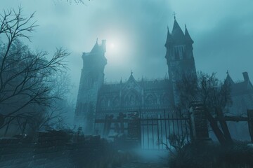 A mysterious gothic castle shrouded in fog, featuring a prominent clock tower. Ideal for spooky or historical themed designs - obrazy, fototapety, plakaty
