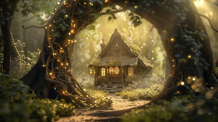 Fairy-Tale Cottage with Door in Magical Forest. - obrazy, fototapety, plakaty