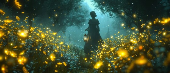 In a magical elvish forest, a girl holds a lantern while walking through a fantasy fairy tale forest, a ghost rose bloom is locked in a bottle and rays of the moon weave in between the plants, and