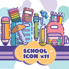SET 11 ICONS BACK TO SCHOOL.Great set of school supplies and education stickers. Back to school.Beautiful set of office tools and school supplies.