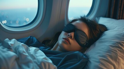 Woman laying in bed with a blindfold, suitable for sleep and relaxation concepts