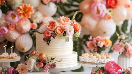 Fototapeta na wymiar Lavishly decorated cake with flowers and fruits on a festive table.