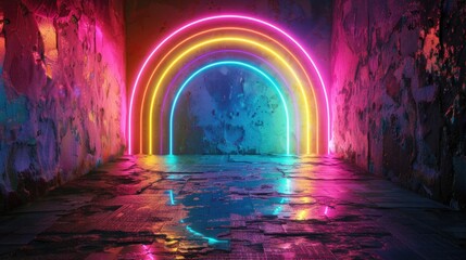 A tunnel illuminated by neon lights. Suitable for futuristic or urban concepts.