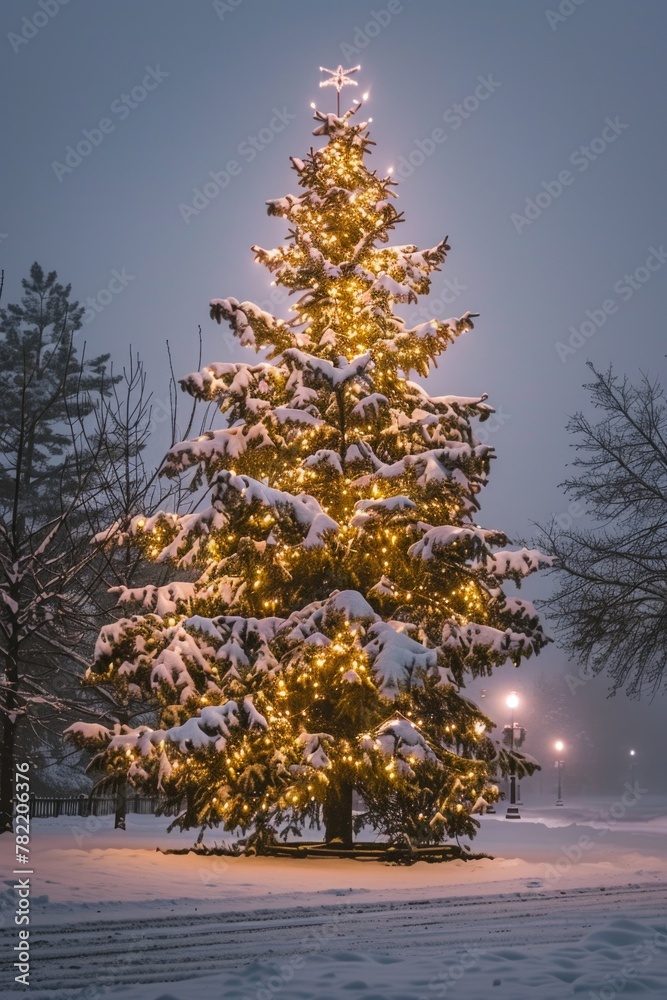 Canvas Prints A festive Christmas tree glowing in a snowy park. Perfect for holiday season designs