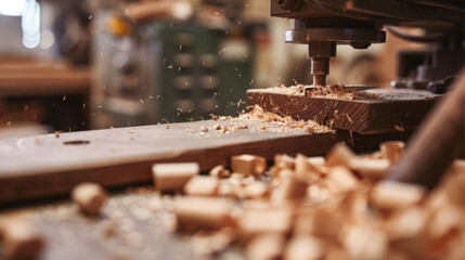 A machine cuts wood on a track in a workshop closeup