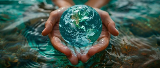 Concept of Water Day or World Oceans Day as a part of environmental conservation and climate literacy, saving the planet, protecting it, and living sustainably. Human hand drop on pure sea