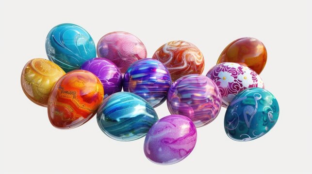 Colorful marbled eggs on a white surface, perfect for Easter-themed designs