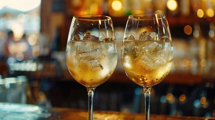 Zelfklevend Fotobehang Two wine glasses filled with ice on a bar. Suitable for beverage or nightlife concepts © Fotograf