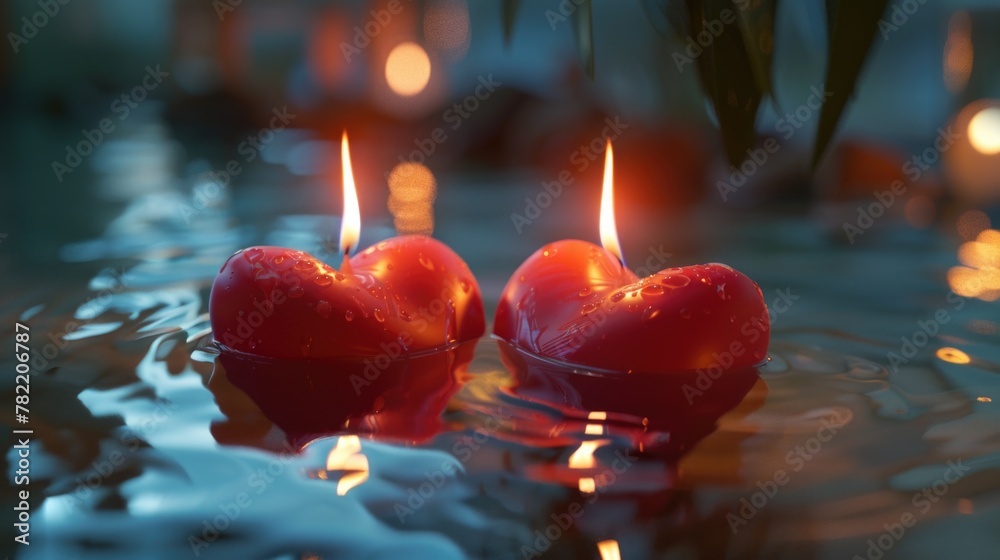 Poster Two red candles floating in a pool of water. Ideal for spa or relaxation concepts