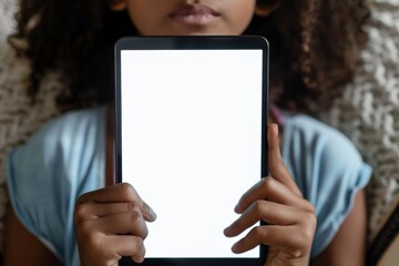 Display mockup from a shoulder angle of a teen girl holding an ebook with a completely white screen