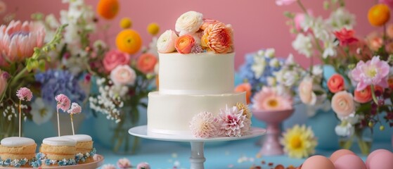 Lavishly decorated cake with flowers and fruits on a festive table.