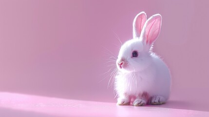 Obraz premium A cute white rabbit sitting on a pink surface. Perfect for animal lovers