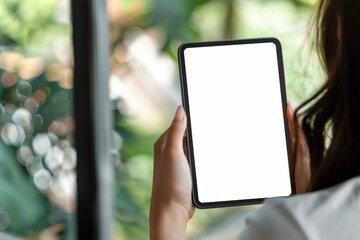 Display mockup from a shoulder angle of a teen girl holding an ebook with a completely white screen
