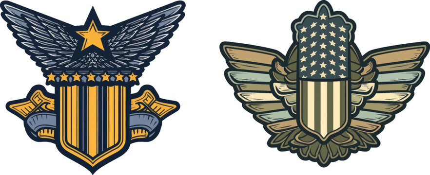 Badging, military air force medals emblem. Insignia vector isolated symbols illustration collection