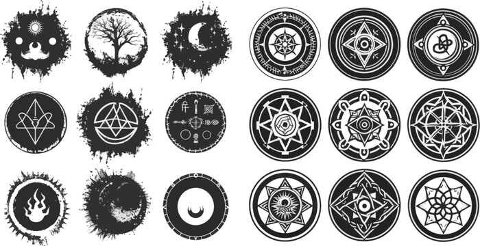  Astrology moon and pyramid, eclipse spirituality, freemasonry mysterious collection round emblems