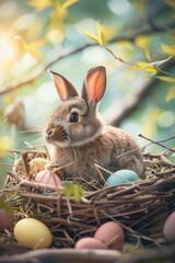 A cute rabbit sitting in a nest with colorful eggs. Perfect for Easter designs