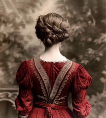 Vintage historical photograph of a woman viewed from the back, old-fashioned lady in black and white attire, Generative AI