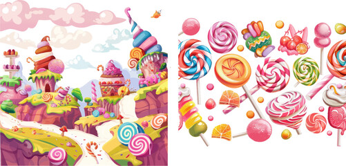 Sweet candy land seamless panorama - obrazy, fototapety, plakaty