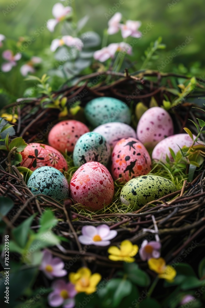 Poster a bird nest filled with colorful speckled eggs. perfect for nature and wildlife themes