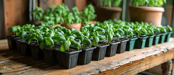 Fresh Basil Seedlings Growing in Eco-Friendly Pots on a Wooden Surface. Concept Gardening, Sustainable Living, Urban Farming, Herb Cultivation, Eco-Conscious Lifestyle