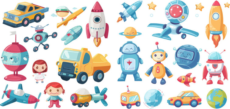 Cartoon kids toy for boys and girls ball, car, doll, robot, rocket and airplane
