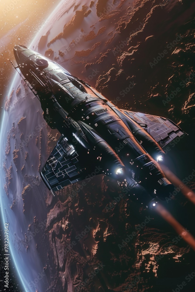 Poster Spaceship flying over a planet with a star in the background. Suitable for sci-fi concepts