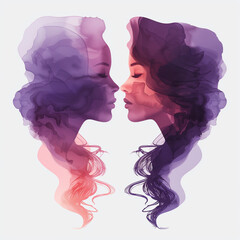 Watercolor profile portrait logo of two beautiful women facing each other