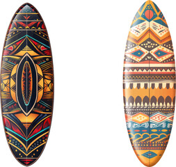 Cartoon surfing board with summer design and ethnic pattern