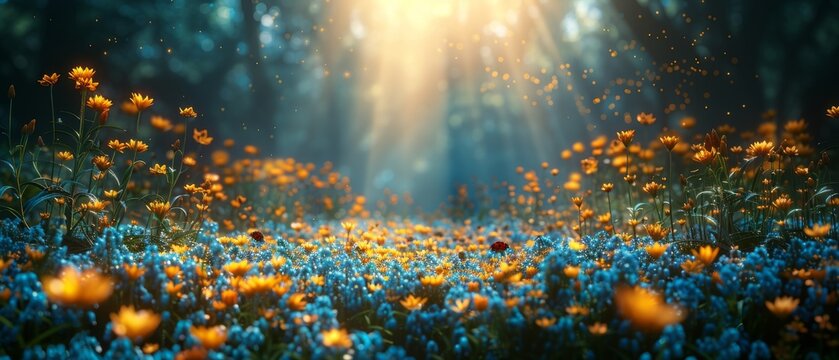 Golden Bluebells Flowers in Fantasy magical Emerald colored garden in fairy tale elf Forest, fairytale bells glade and ladybugs on midnight background, elven magic wood in dark night with moonlight.