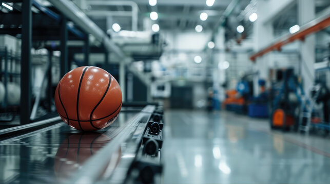 A basketball moves on a conveyor belt in a sports equipment factory