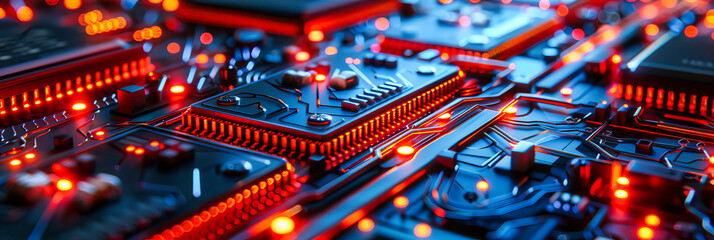 Close-Up of a Computer Motherboard, Detailed View of Electronics and Hardware Components, Blue and Red Technical Background - obrazy, fototapety, plakaty