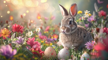 A cute rabbit sitting in a field of colorful flowers. Perfect for nature and animal lovers