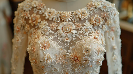 "Bridal Elegance: Exquisite Gown Detail"
A close-up of a luxurious bridal gown's bodice, showcasing intricate flower appliqués, delicate beading, and pearls.