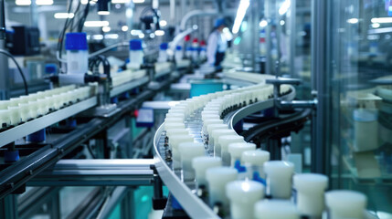Conveyor belt in a factory filled with bottles showcases mass production