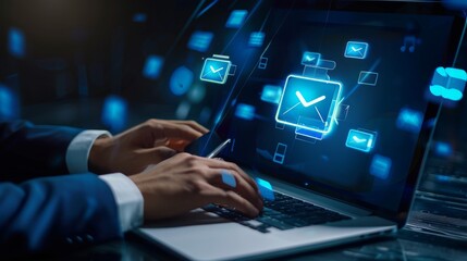 Fototapeta premium Businessman works on laptop computer with electronic document, folder, and files icon on virtual screen, cloud computing concept.