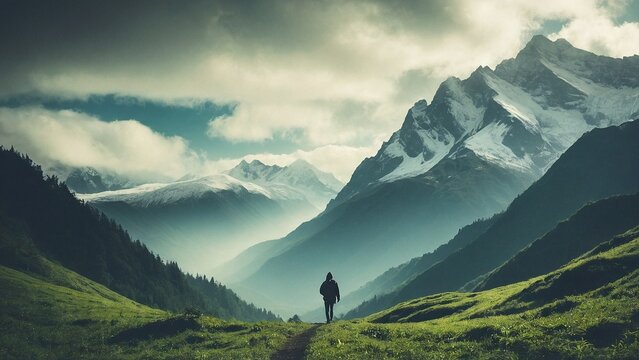 The sky turning orange and pink behind tall mountains, with a person watching the sunset.
The sun disappearing behind snowy mountaintops, casting long shadows as someone enjoys the view.