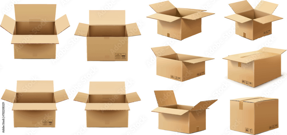 Poster open and closed cardboard box. delivery package in side, front and top view