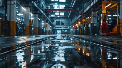 Fototapeta premium Industrial building in the metropolis with machinery and water on the floor