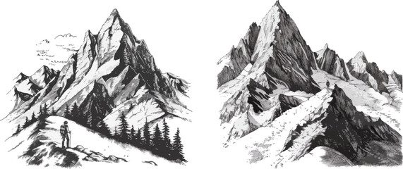 Nature highlands drawing, mountains landscape engraving. Vector isolated illustration sign s
