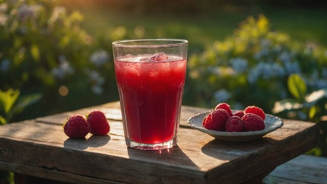Sweet berry juice, garden, soft sunrise light, spring. Strawberry juice.  Summer drinks, non alcoholic drink, strawberry drinks, red berry drinks